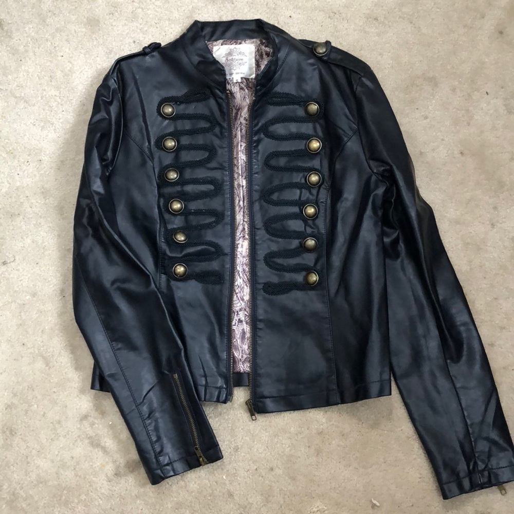 Black vegan leather military style jacket